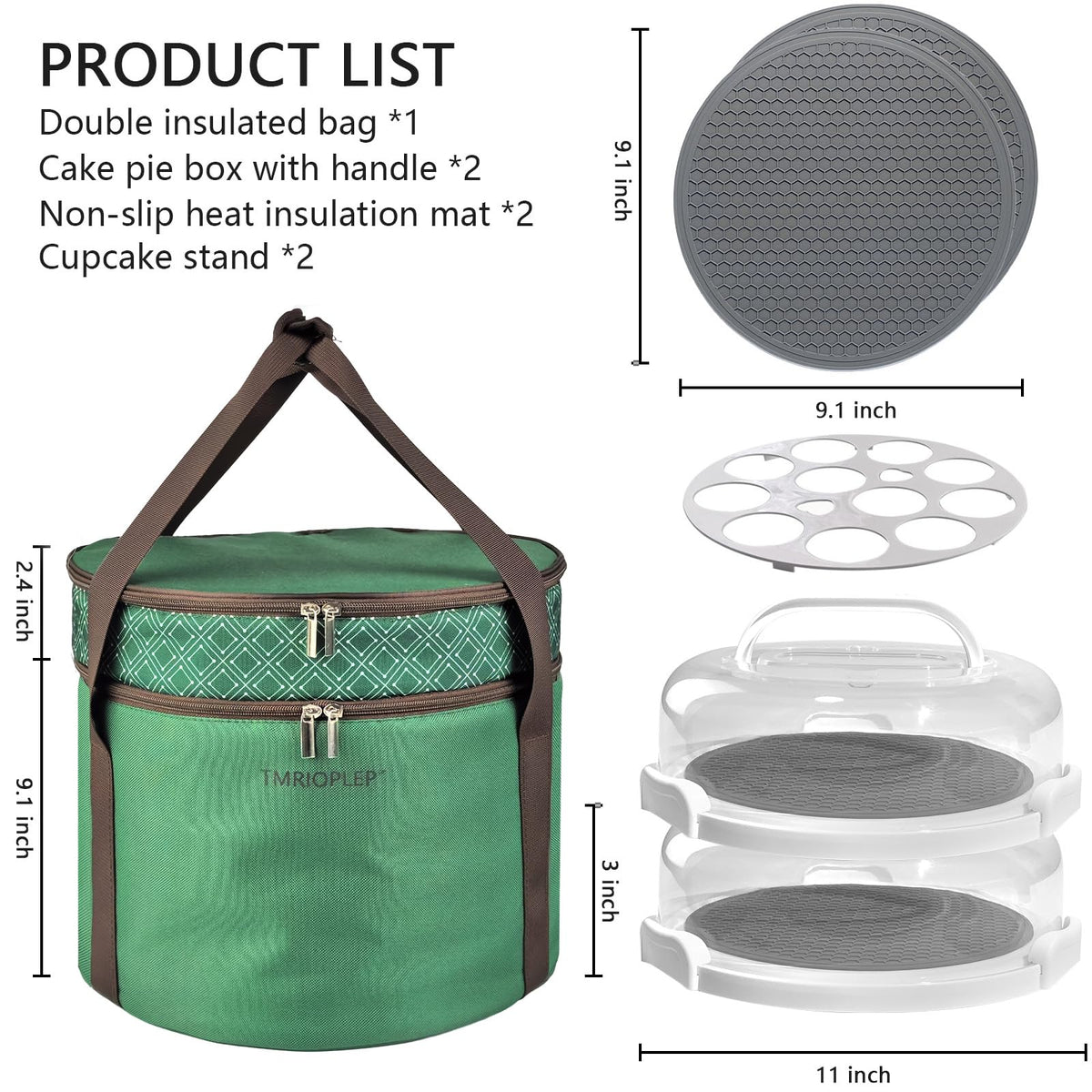Tmrioplep Pie Carrier Set with Lids and Handles, 12 Inch, Green
