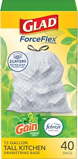 ForceFlex Tall Kitchen Trash Bags by Glad – 40 Count (Pack of 1), 13.0 gallons, Plastic, White, Model 78685