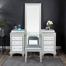 Furniture of America Silvia Glam Solid Wood 3-Piece Vanity and Stool Set with LED Light, Acrylic Pulls, Felt-Lined Top Drawer, Ball-Bearing Glides for Bedroom, Silver