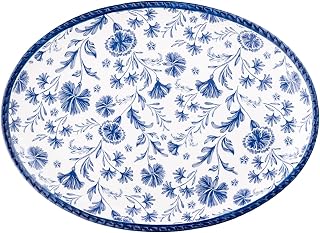 10 Strawberry Street Blue Heritage Wildflower Oval Serving Platter, 14" x 10", Ceramic Floral Serving Tray