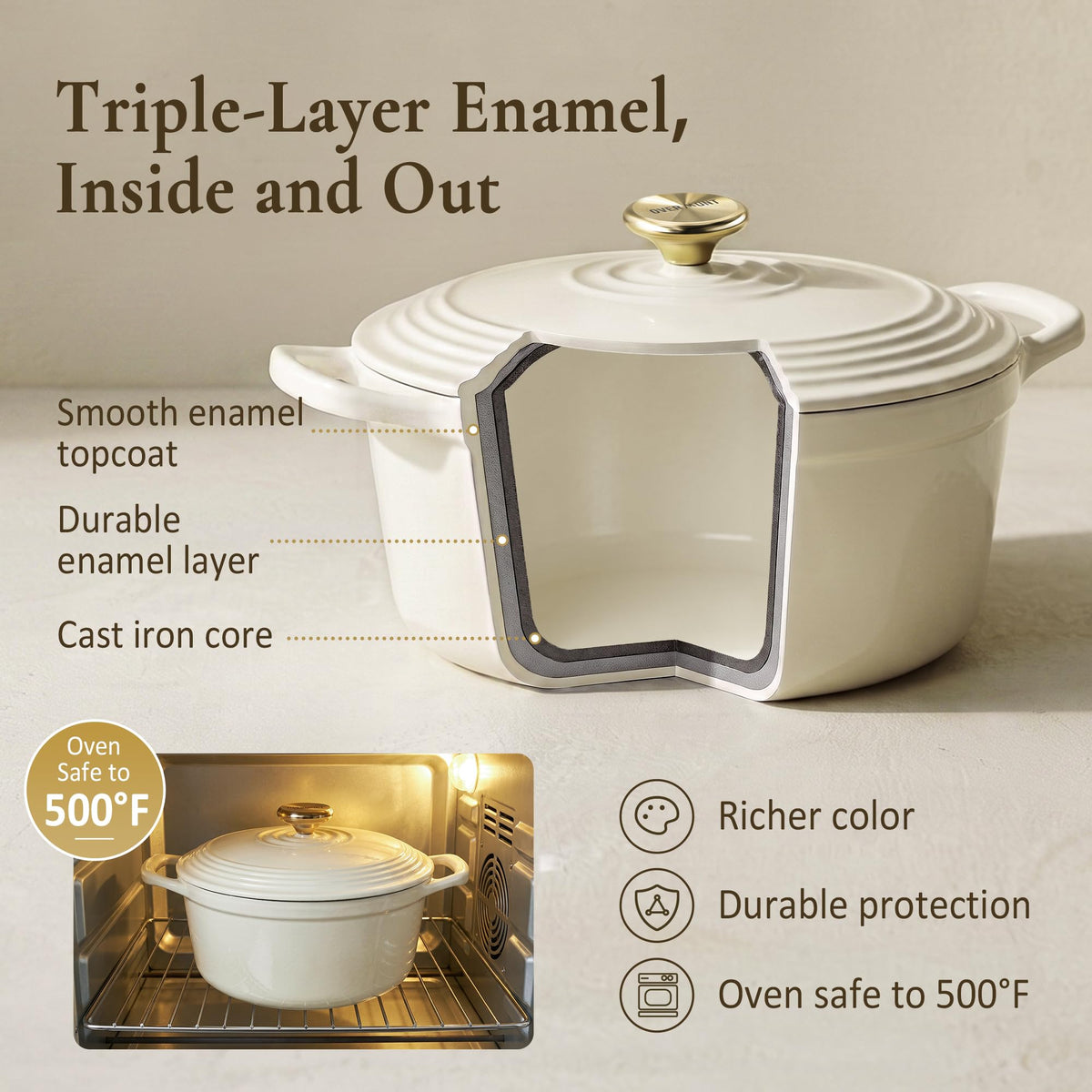 Overmont Cast Iron Dutch Oven, 5.5 Quart, Warm White