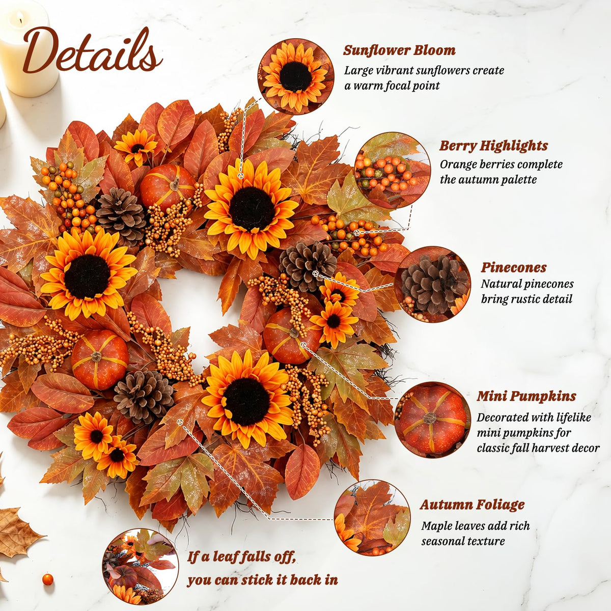 Grooy Artificial Fall Wreath, 22 Inch Diameter, Sunflower