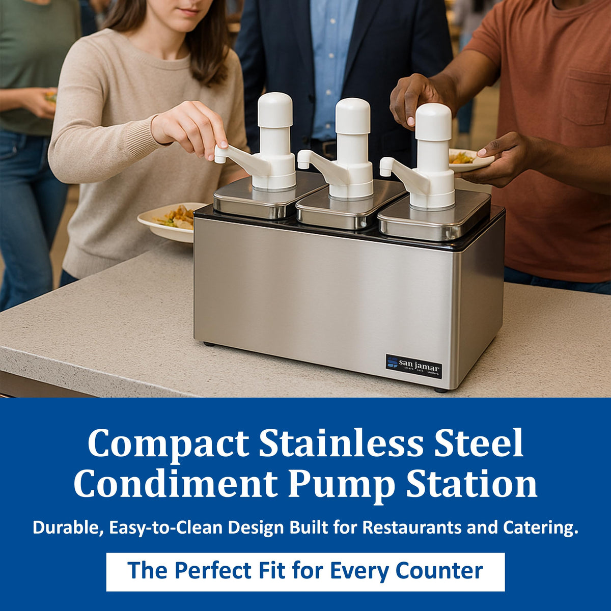 CFS Jamar Stainless Steel Condiment Pump Service Center with 3 Wells Black Jars by San Jamar – 14 inches x 7.875 inches x 12.5 inches, 1.0 fluid_ounces, Model P9713