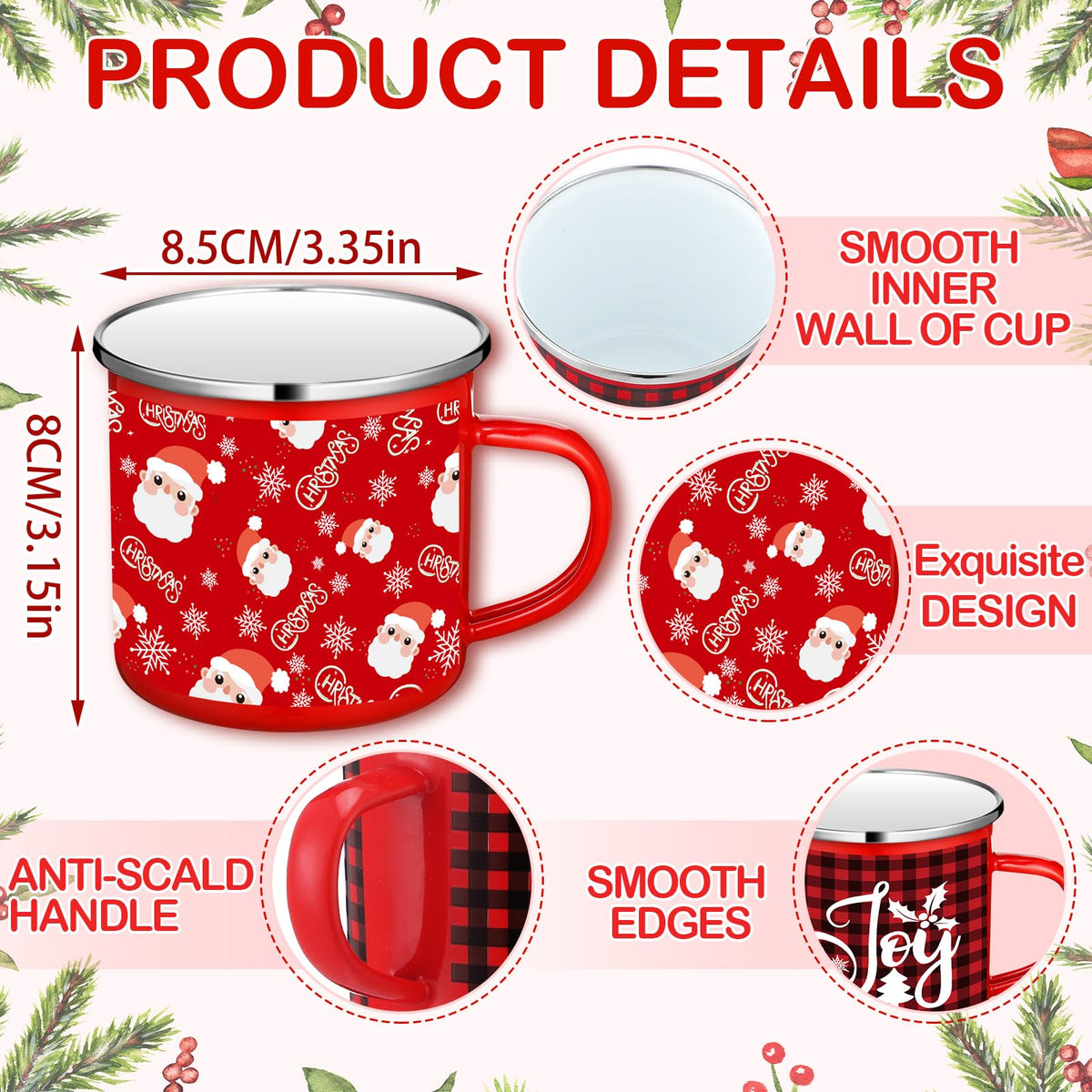 Suttmin Enamel Holiday Mugs, 12 oz, Set of 12, Red and White