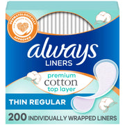 Panty Liners for Women Premium Cotton Liners 200 Count by Always – Regular, Cotton