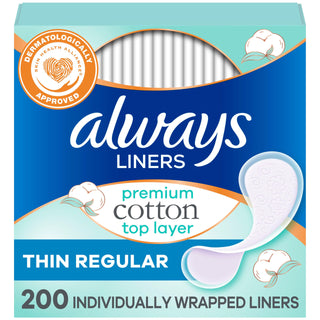 Panty Liners for Women Premium Cotton Liners 200 Count by Always – Regular, Cotton