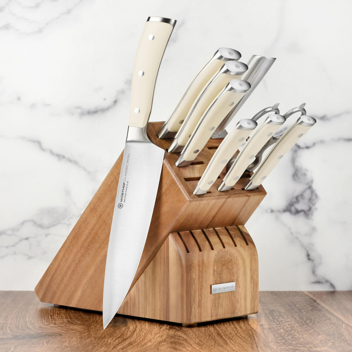 Wusthof Classic 10 Piece Knife Set with Acacia Block by Wüsthof – Stainless Steel,Steel, Acacia Block, Pack of 10, Model Ikon Creme