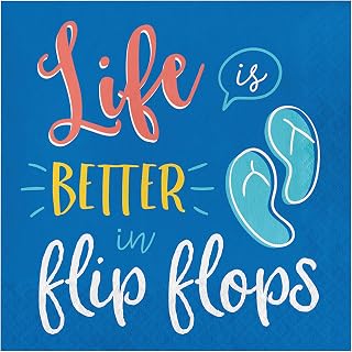 Creative Converting Life is Better in Flip Flops Napkins, 6.5", Blue, White, Red, and Yellow