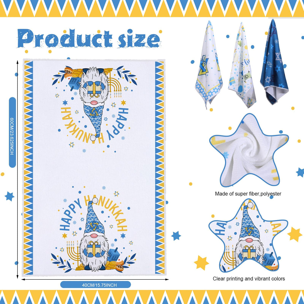 Oudain Hanukkah Kitchen Towels, 6 Pack, 16 x 24 Inches, Blue and Yellow