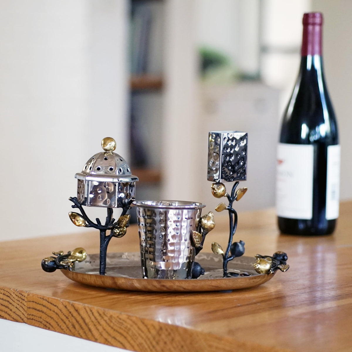 Emanuel Havdalah Set, Stainless Steel With Pomegranate Design, Copper Accents