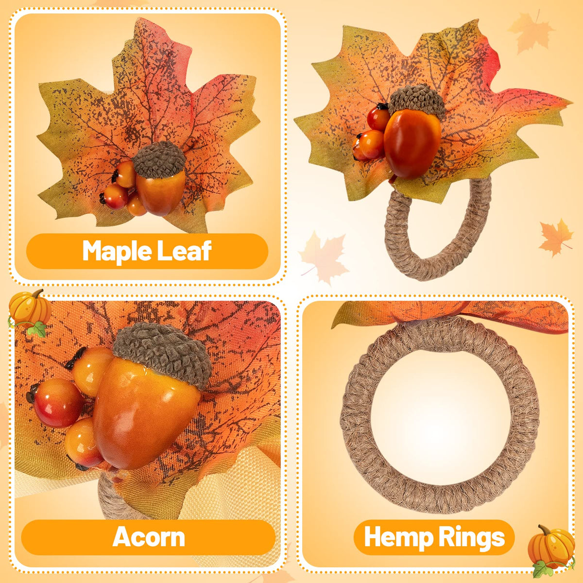 Alphatool Thanksgiving Napkin Rings, Maple Leaf Acorn Design, Set of 12