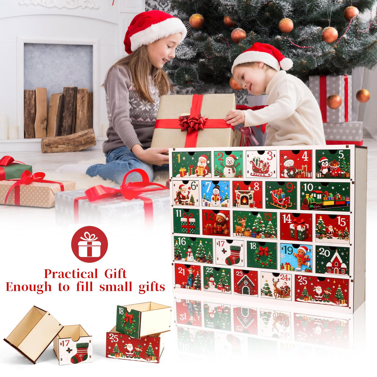 CCINEE Wooden Advent Calendar, 25 Drawers, Multicolor Cartoon Holiday Design
