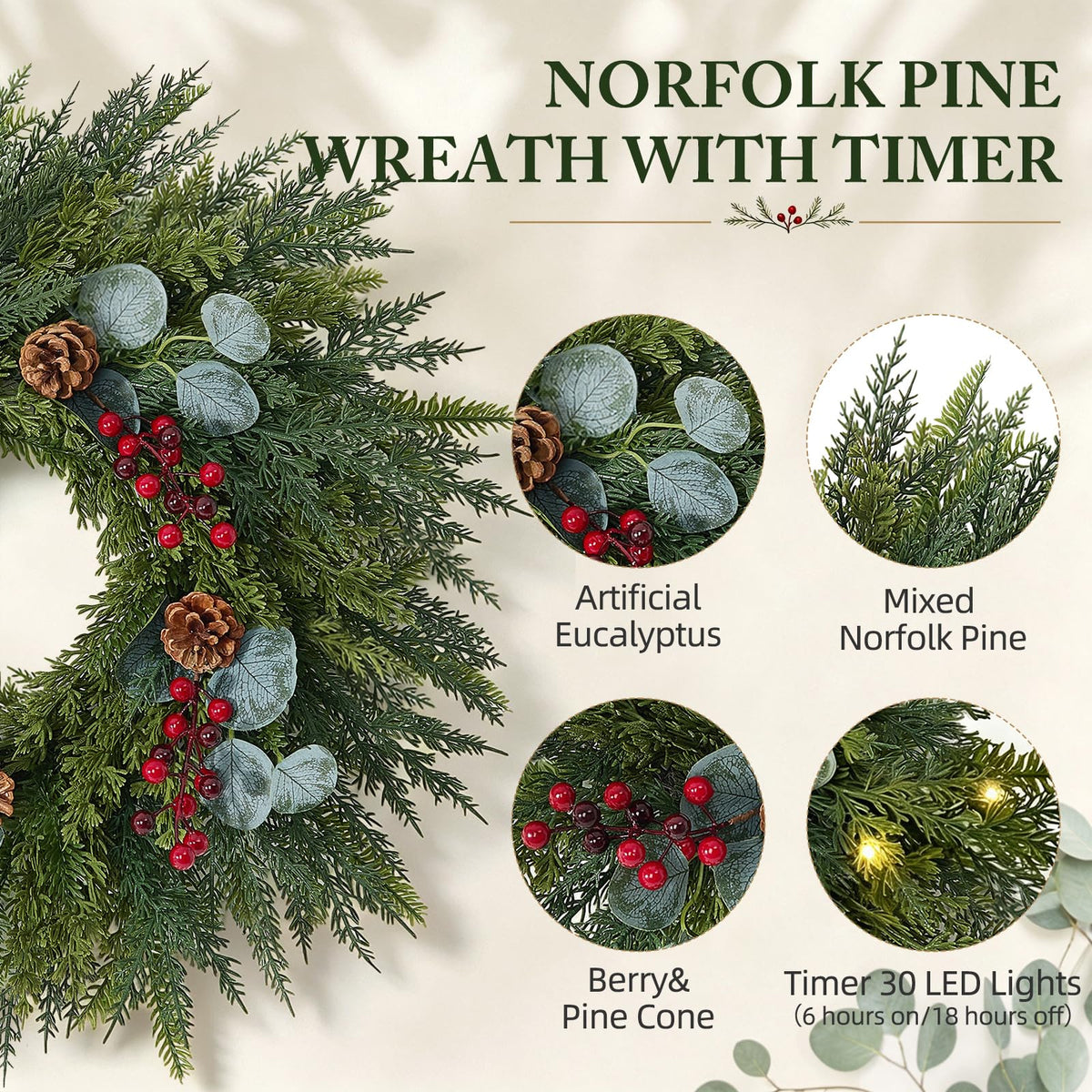 Worthyeah Norfolk Pine Wreath, 24 Inch Illuminated, Christmas