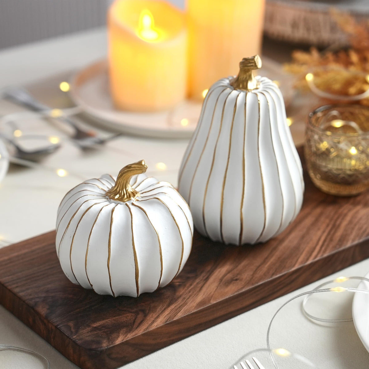 Festglox Resin Pumpkin Decor, White and Gold, Set of 2