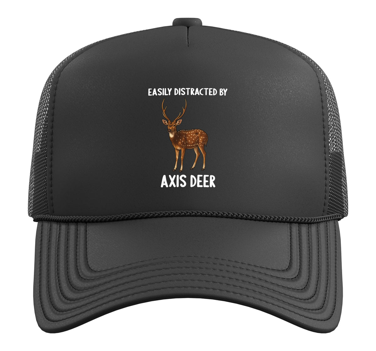 Chital Easily Distracted by Axis Deer Trucker Hat with Adjustable Mesh Back by Chital Axis Deer Lovers Shop – Polyester, Black
