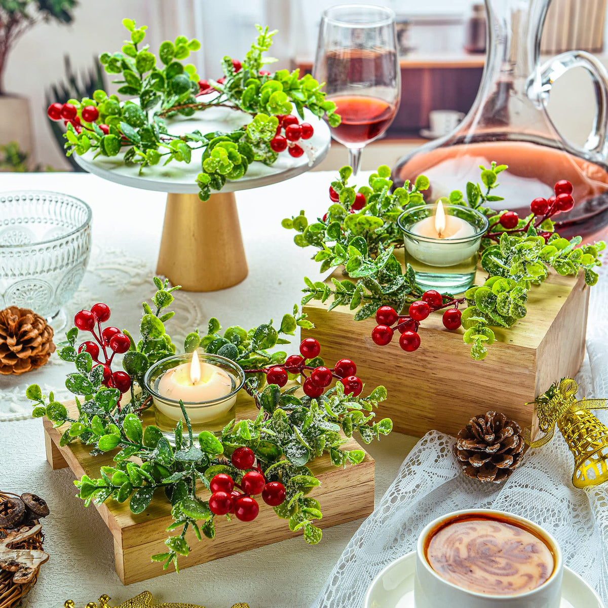Willbond Christmas Candle Rings, 9 Inch Diameter with Berry Greenery, Set of 12