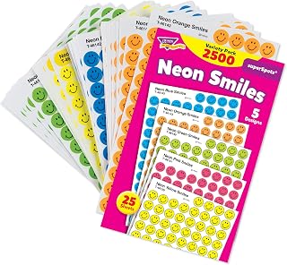 Trend Enterprises Neon Smiles, superSpots Stickers, Great on Homework, Incentives, Crafts and as Collectibles, 5 Different Designs, 25 Sheets Included, For Ages 3 and Up