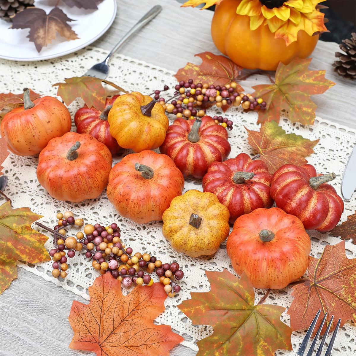 Cheawrtz Artificial Pumpkins, 16 Piece Foam Set, Orange Yellow Red with Berries and Leaves