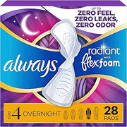 Always Radiant Feminine Pads for Women, Flexfoam Pads with Wings, Size 4, Overnight Absorbency, Lightly Scented, 28 Count