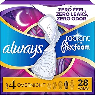 Always Radiant Feminine Pads for Women, Flexfoam Pads with Wings, Size 4, Overnight Absorbency, Lightly Scented, 28 Count