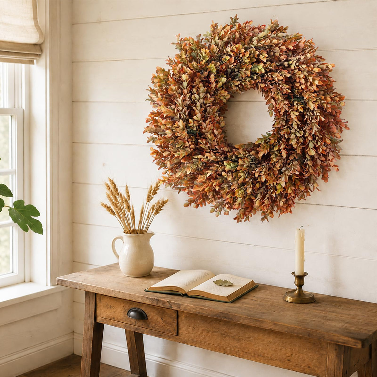 Juxdp Artificial Fall Azalea Wreath, 26 Inch, Orange-Green