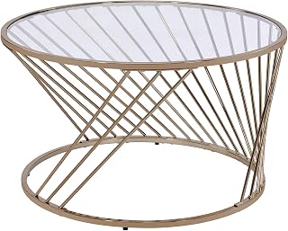 32" Clear Glass Top Coffee Table, Round Coffee Table with Open Metal Frame Base, Mesa De Centro para Sala with Modern airy Structure for Indoor Decorative layouts, Champagne
