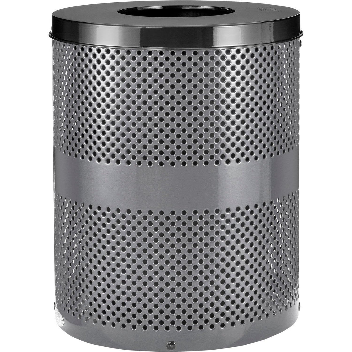 Global Industrial Outdoor Perforated Steel Trash Can with Flat Lid – Gray