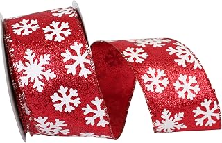 Reliant Ribbon White Snowflake Red Glitter Wired Edge Ribbon, 2-1/2 Inch X 10 Yards, Red/white