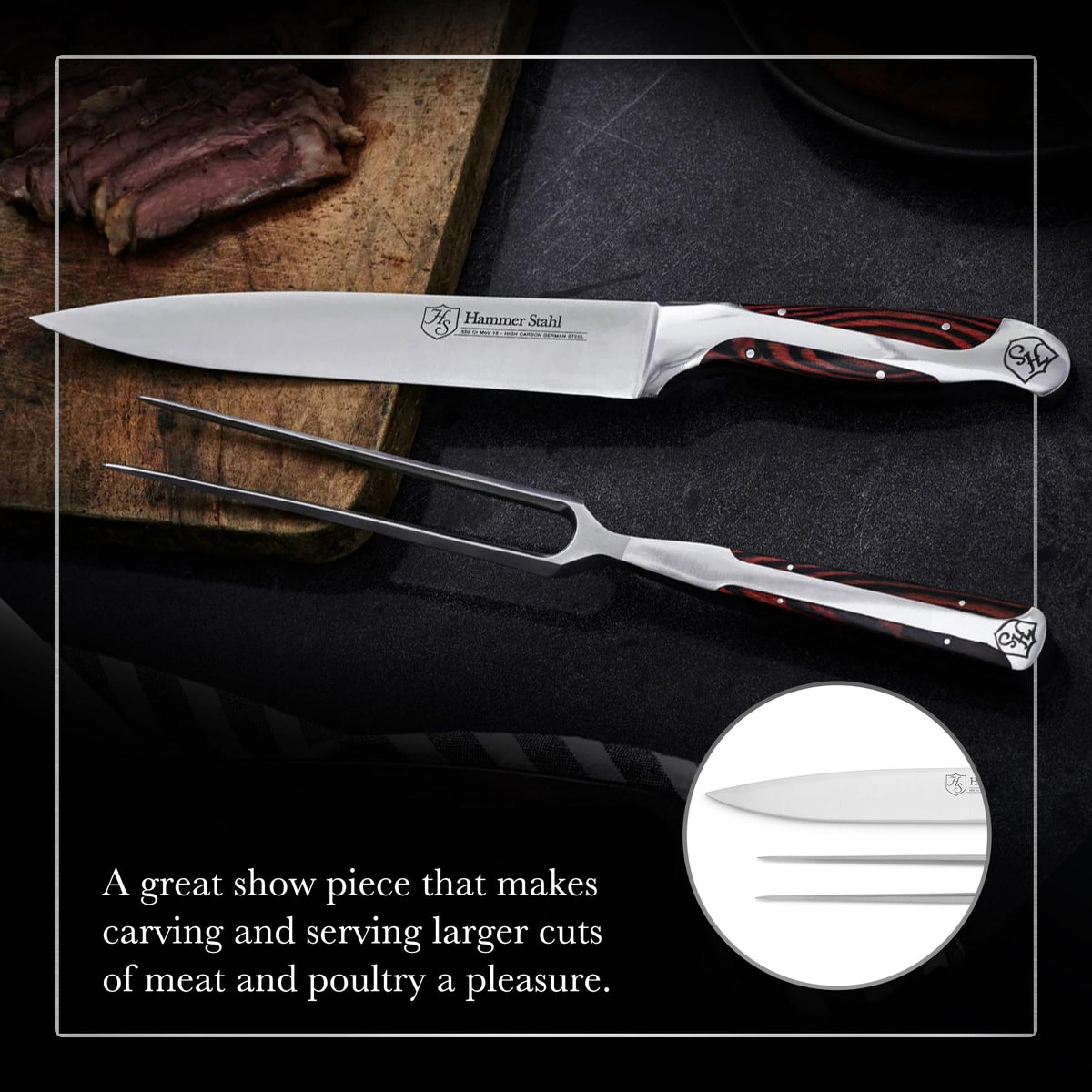 Hammer Stahl Carving Knife and Fork Set, 8 Inch German Steel Blades, Stainless Steel