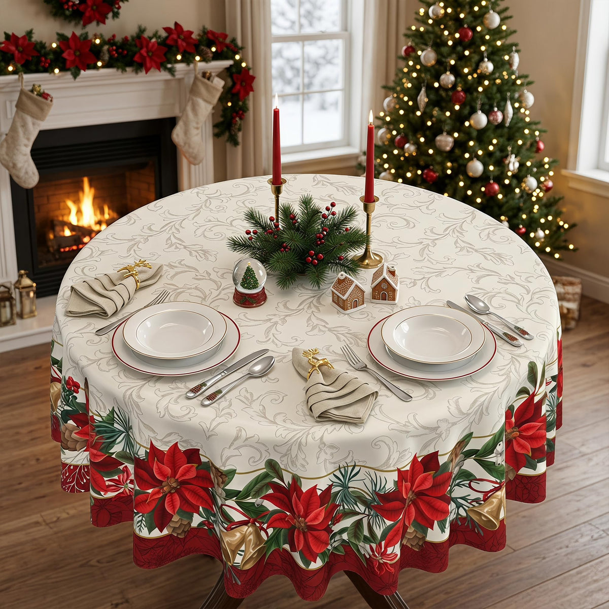 Woaoce Poinsettia Tablecloth, 70 Inch Round, Christmas Border