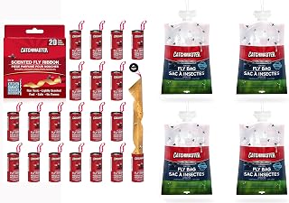 Catchmaster Fly Trap Bundle, Fly Ribbon 20-Pack & Fly Bag 4-Pack, Fruit Fly Traps for Indoors & Outdoors, for Garage, Backyard, Pool, Patio & Camping