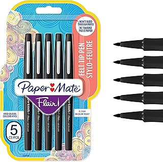 Paper Mate Flair Felt Tip Pens | Medium Point (0.7 mm) Writing Pens | Black Pens | For Writing, Drawing & Sketching | 5 Count