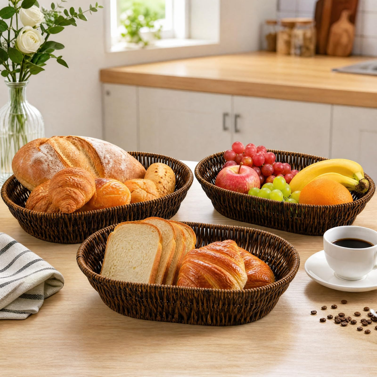 ZAVOOS Wicker Bread Basket, 11 Inch Oval Serving Tray, Dark Brown 3 Pack