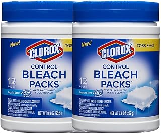 Clorox Control Regular Bleach Packs, Water Activated Solid Bleach, Toss and Go, Regular Scent, 12 Count, (2 Pack)