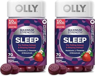 OLLY Max Strength Sleep Gummy,10mg Melatonin,L-Theanine,Chamomile,Lemon Balm,Sugar Free,Vegetarian Sleep Aid,Strawberry -,70 Count (Pack of 2)