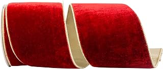 Reliant Ribbon Velvet Plush Texture Deluxe Backed Wired Edge Ribbon, Red/Gold