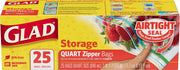 Glad Food Storage Bags, Zipper Quart, 25 Count