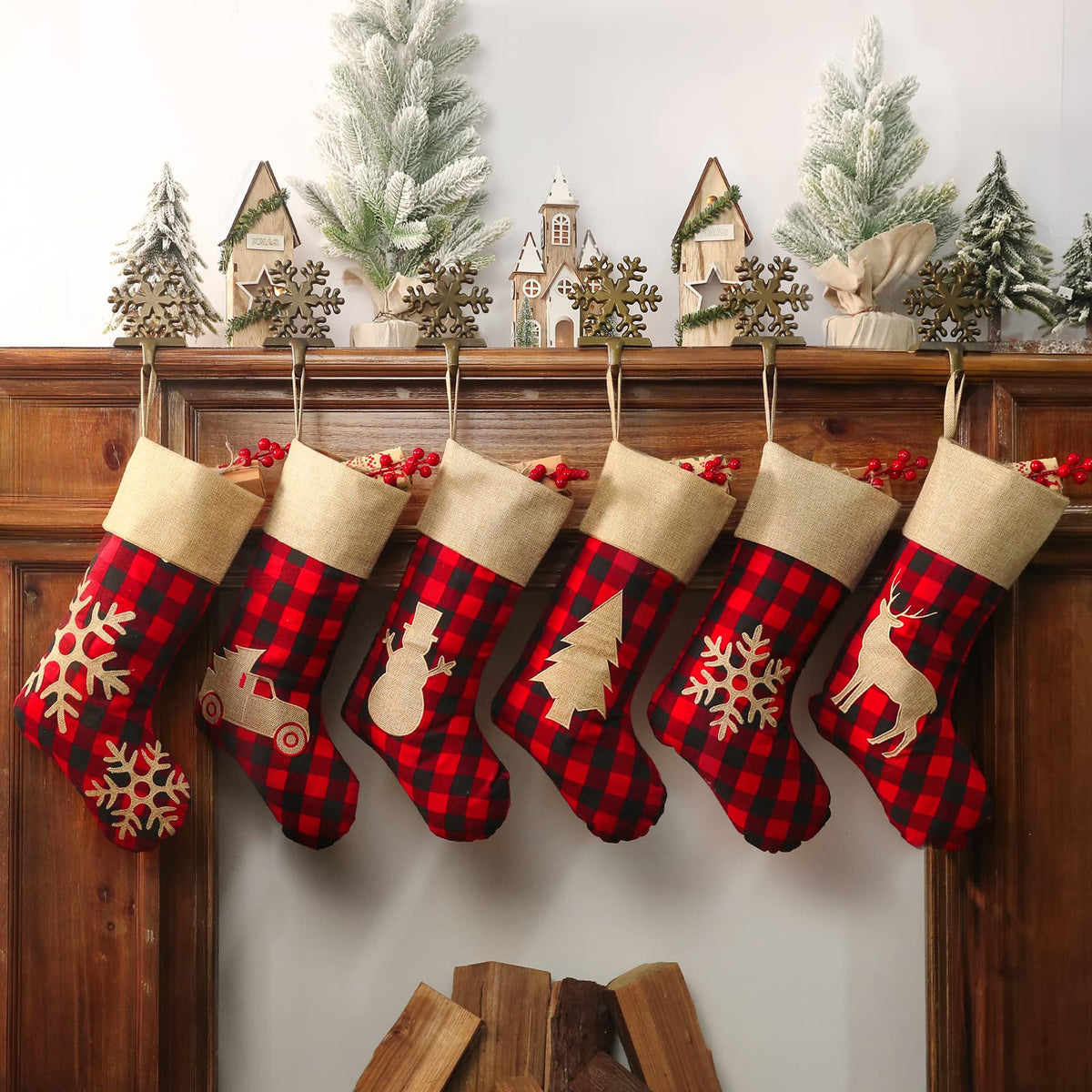 Bunny Chorus Christmas Stockings, 18 Inch Red Black Buffalo Plaid, Set of 6