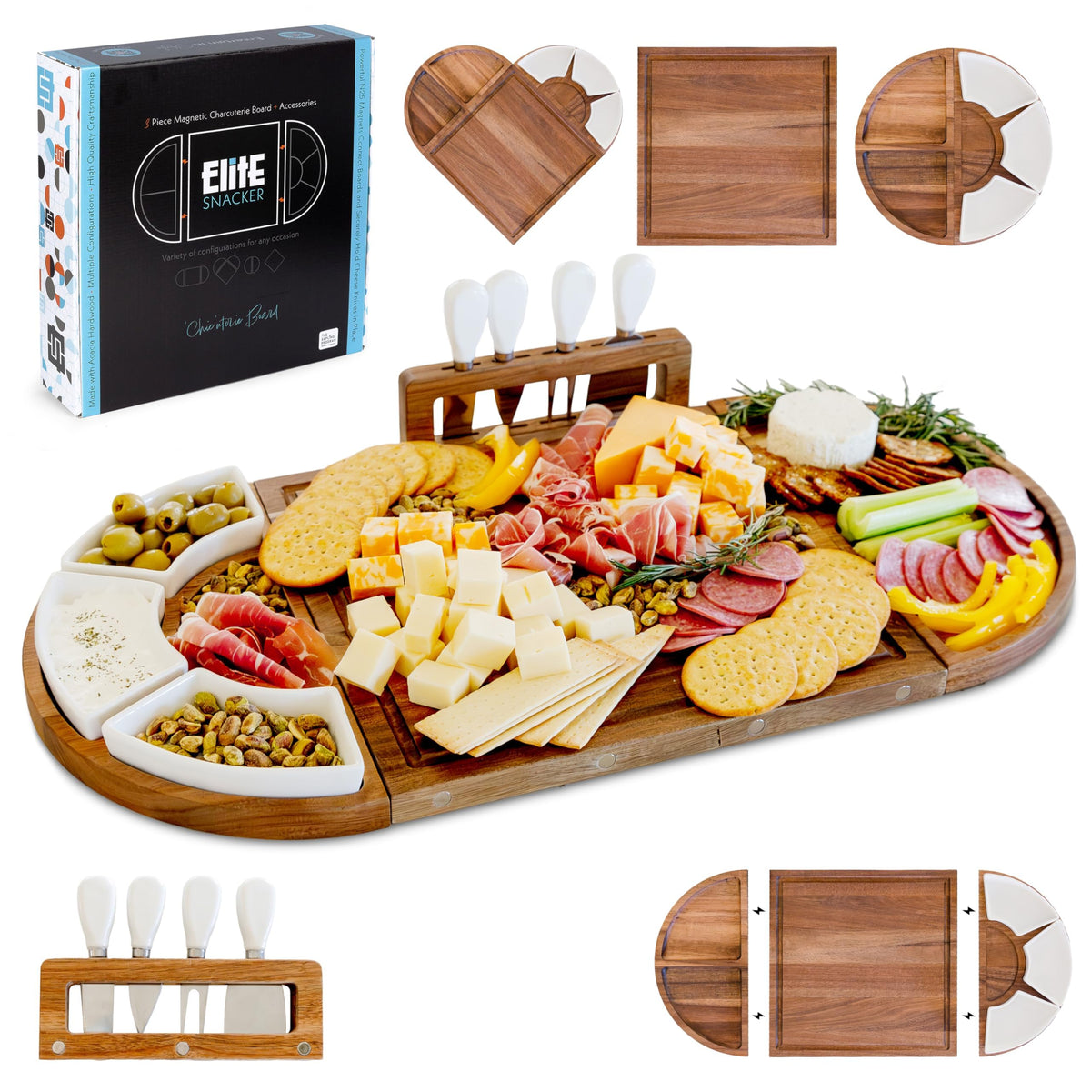 The Elite Snacker Magnetic Charcuterie Board Set, Acacia Wood, Large Premium Finish