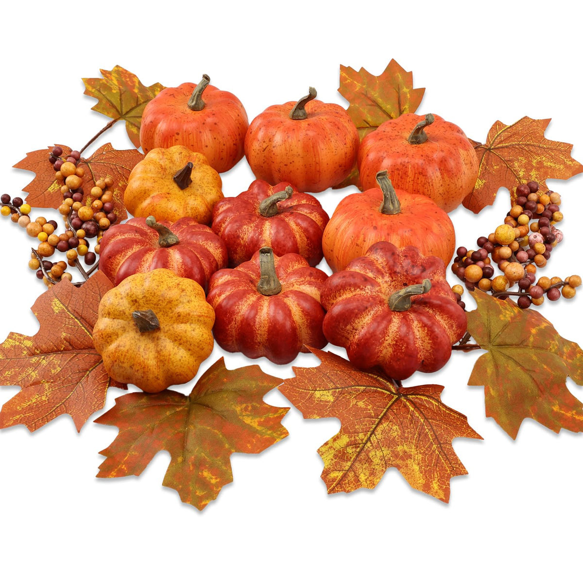 Cheawrtz Artificial Pumpkins, 16 Piece Foam Set, Orange Yellow Red with Berries and Leaves