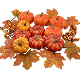 Cheawrtz Artificial Pumpkins, 16 Piece Foam Set, Orange Yellow Red with Berries and Leaves