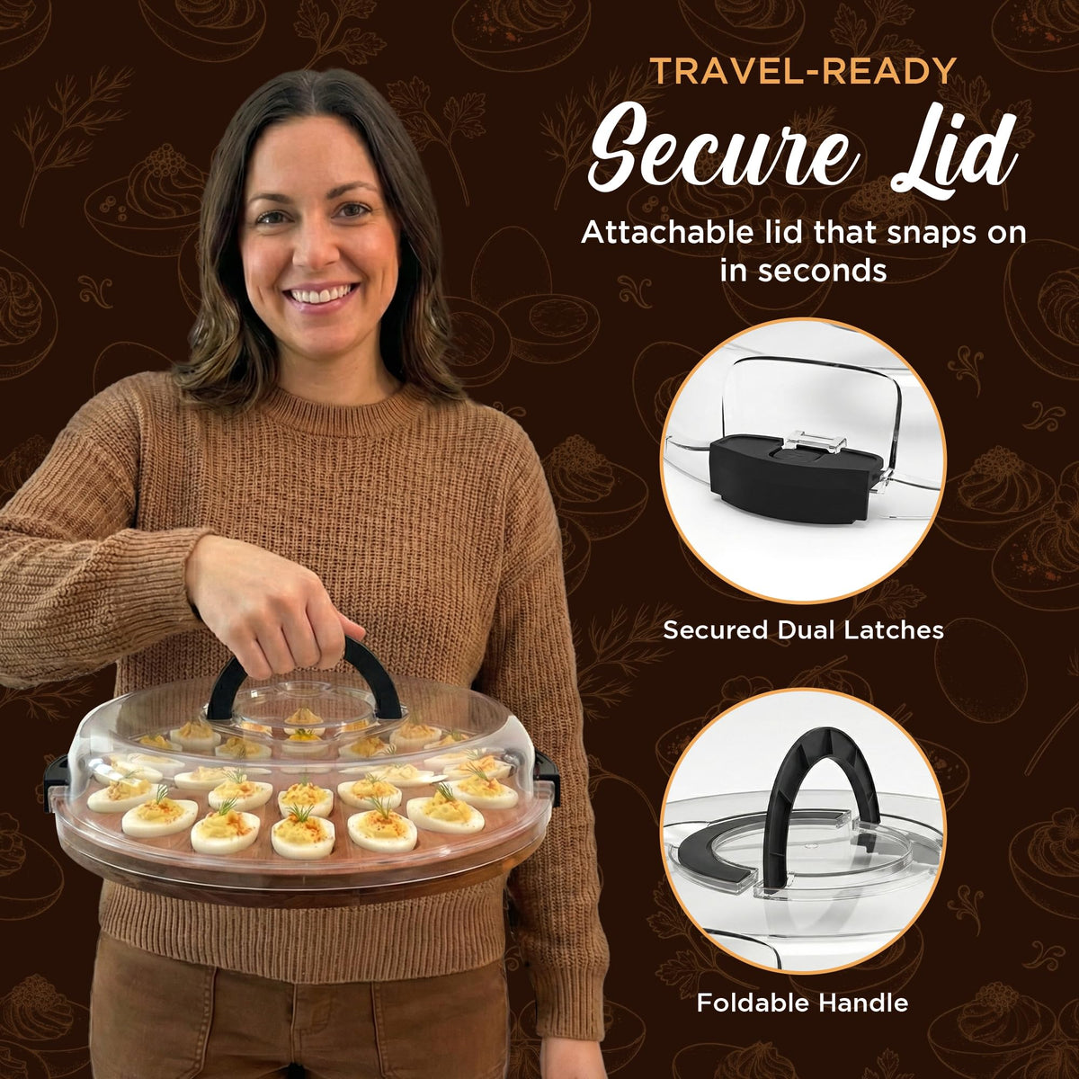 Trayful Deviled Egg Tray with Lid, Acacia Wood Carrier, Holds 22 Eggs, Acacia