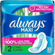 Always Maxi Feminine Pads for Women, Size 2 Long Super Absorbency, with Wings Unscented, 32 Count