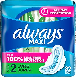 Always Maxi Feminine Pads for Women, Size 2 Long Super Absorbency, with Wings Unscented, 32 Count