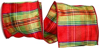 Reliant Ribbon Plaid Nutcracker Dupioni Wired Edge Ribbon, 4 Inch X 10 Yards, Lime/red