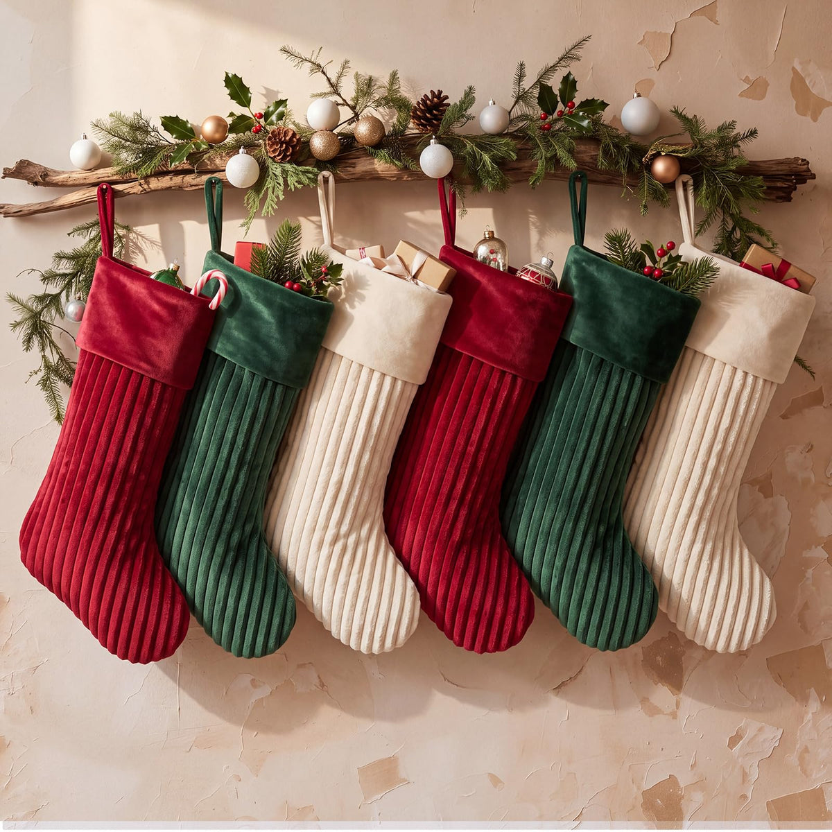 Teyva Daily Christmas Stockings, 19 Inch Velvet Quilted, Red Beige Green Set of 6