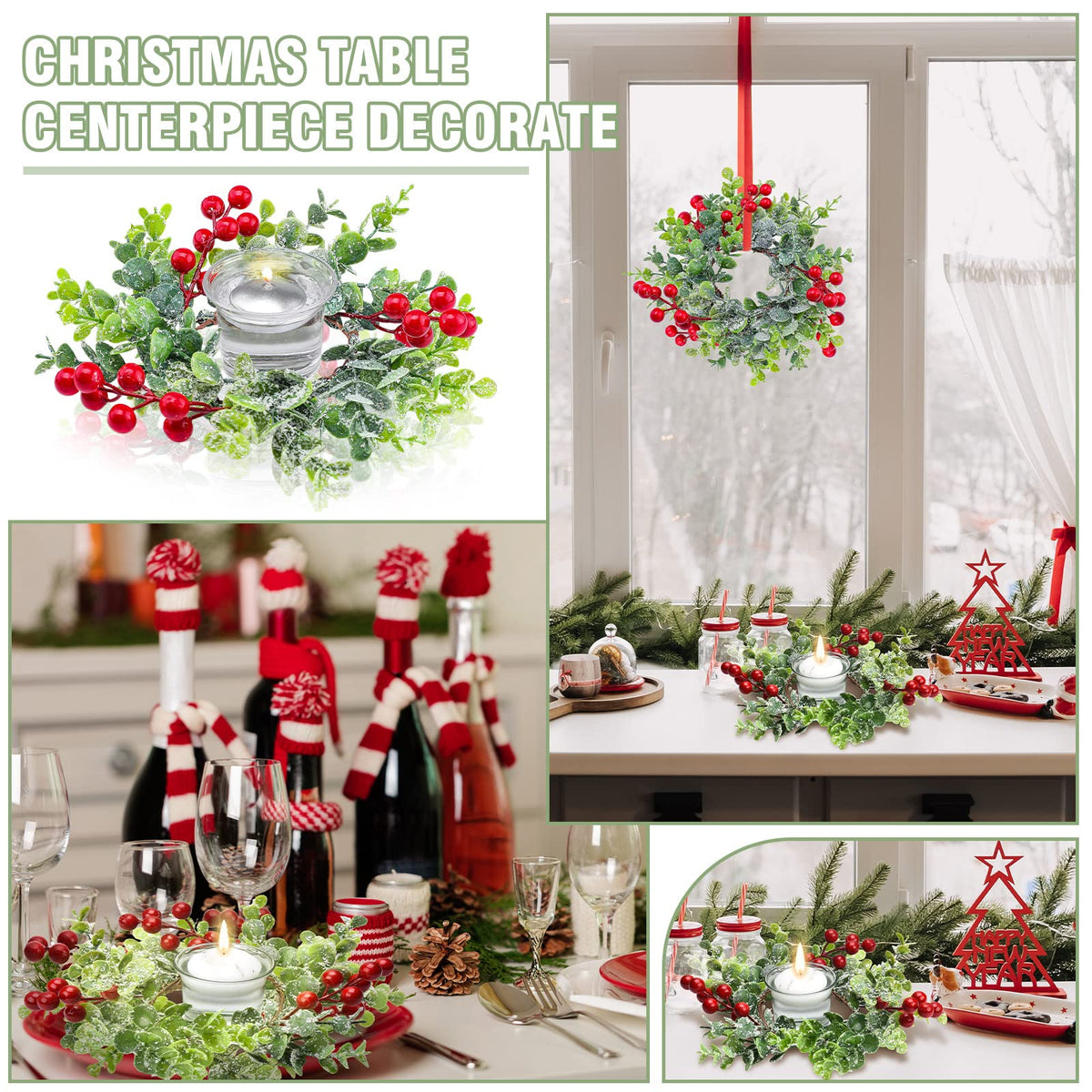 Willbond Christmas Candle Rings, 9 Inch Diameter with Berry Greenery, Set of 12