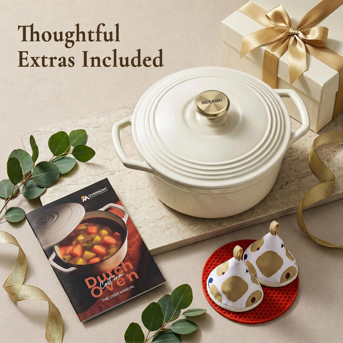 Overmont Cast Iron Dutch Oven, 5.5 Quart, Warm White