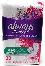 Always Discreet, Incontinence Liners, Ultra Thin, 30 Count (Pack of 2) (regular length)