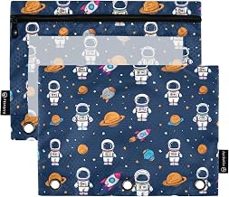 Blue Cartoon Spaceman Pencil Pouch for 3 Ring Binder Pencil Bag with Zipper 2 Pack Pencil Case Waterproof with Clear Window for School Office Supplies